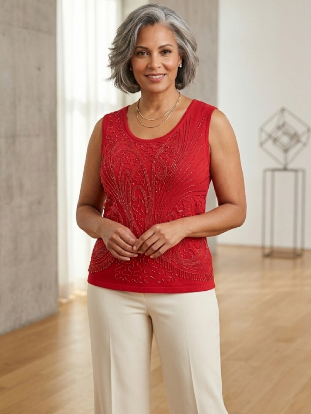 Lavena NEW Red Sleeveless Embroidered Gems VNeck Sparkly Cocktail Top Sz XL NWT